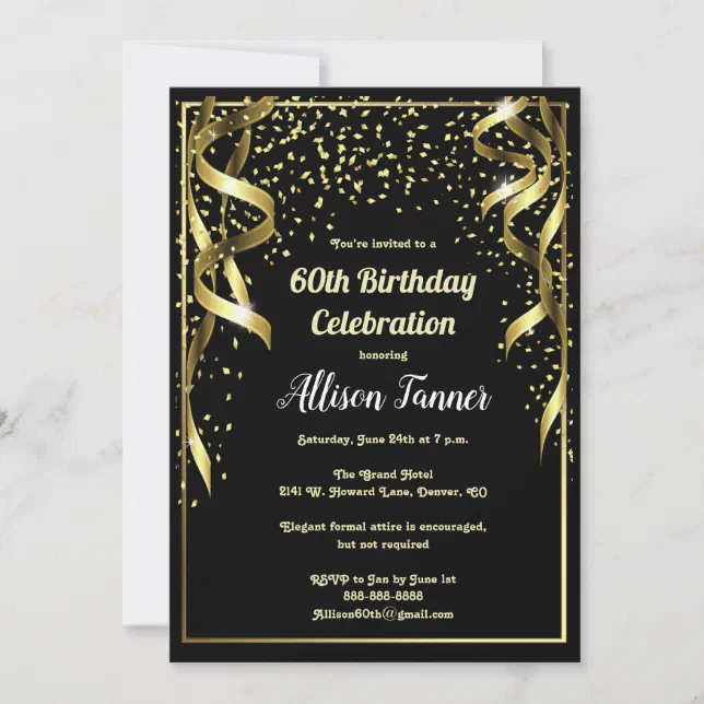 60th Birthday Invitation Black And Gold Confetti 