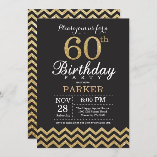 60th Birthday Invitation Black and Gold Glitter