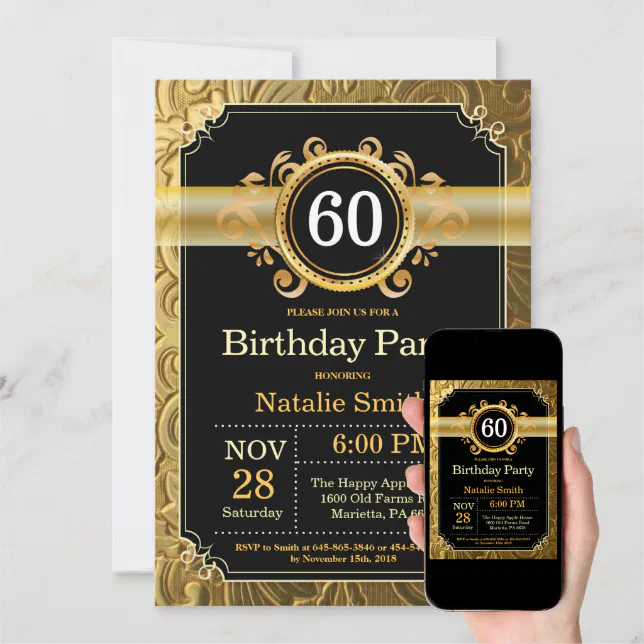 60th Birthday Invitation Black and Gold Glitter | Zazzle