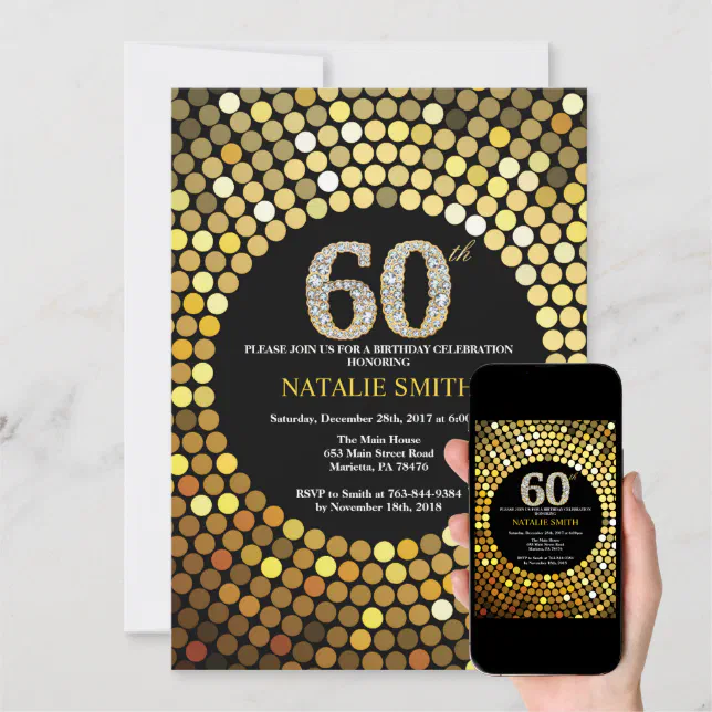 60th Birthday Invitation Black And Gold Glitter Zazzle