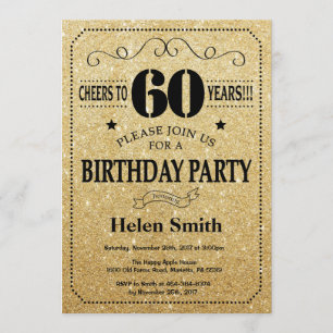 60th Birthday Invitation Black and Gold Glitter