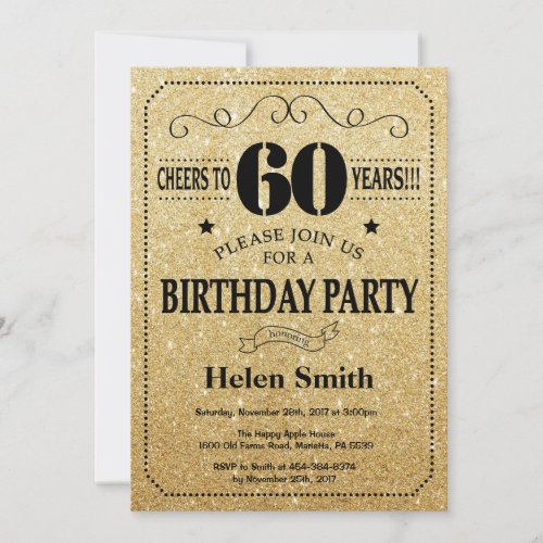 60th Birthday Invitation Black and Gold Glitter