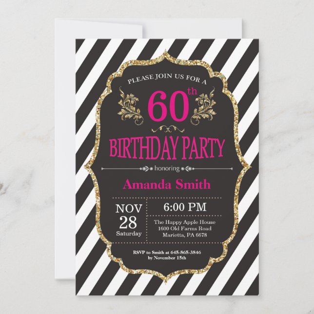 60th Birthday Invitation. Black and Gold Glitter Invitation (Front)