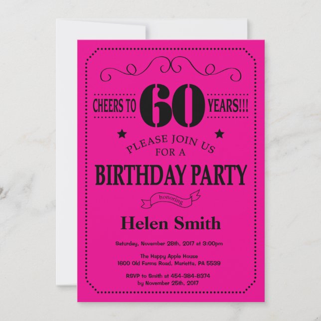60th Birthday Invitation Black and Hot Pink (Front)