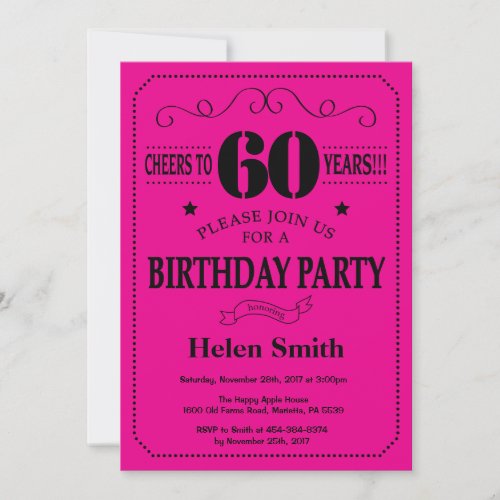 60th Birthday Invitation Black and Hot Pink