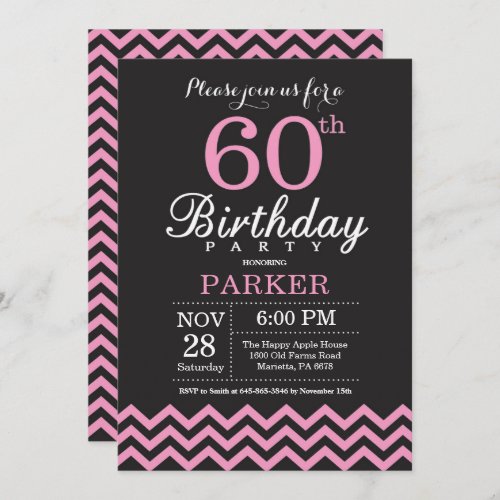 60th Birthday Invitation Black and Pink Chevron