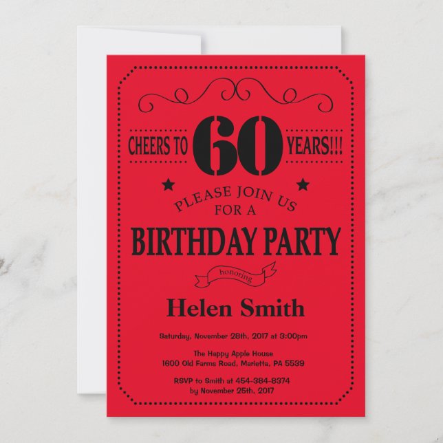 60th Birthday Invitation Black and Red (Front)