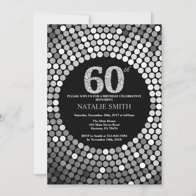 60th Birthday Invitation Black and Silver Glitter (Front)