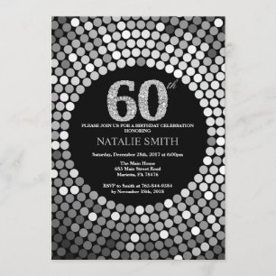 60th Birthday Invitation Black and Silver Glitter