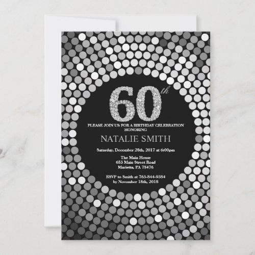 60th Birthday Invitation Black and Silver Glitter