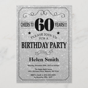 60th Birthday Invitation Black and Silver Glitter