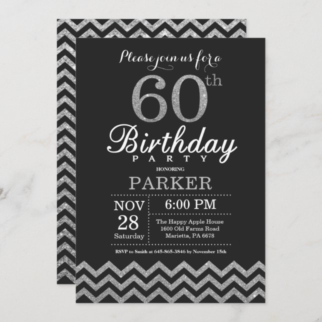 60th Birthday Invitation Black and Silver Glitter (Front/Back)