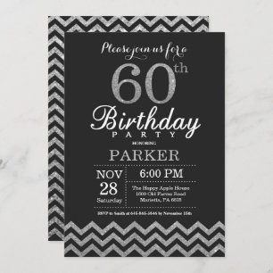 60th Birthday Invitation Black and Silver Glitter