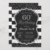60th Birthday Invitation. Black and Silver Glitter Invitation (Front/Back)