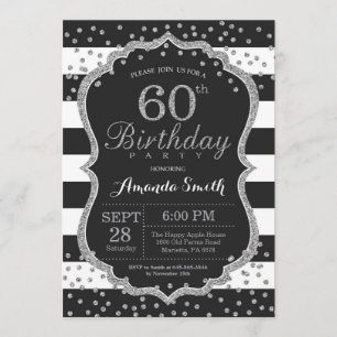 60th Birthday Invitation. Black and Silver Glitter Invitation