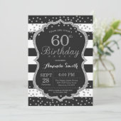 60th Birthday Invitation. Black and Silver Glitter Invitation (Standing Front)