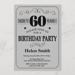 60th Birthday Invitation Black and Silver Gray