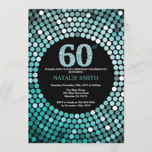 60th Birthday Invitation Black and Teal Glitter