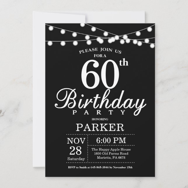 60th Birthday Invitation Black and White (Front)