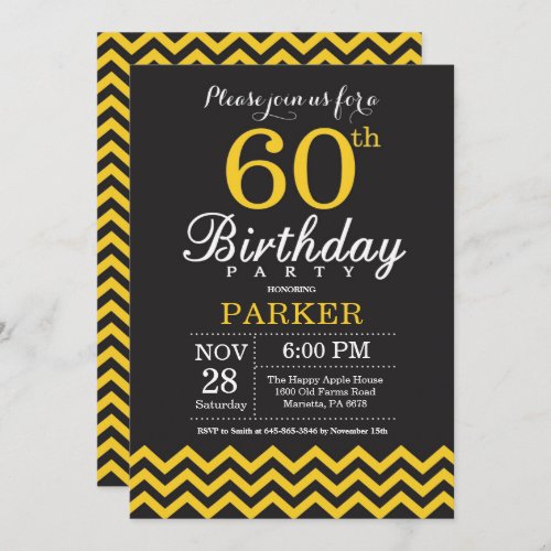 60th Birthday Invitation Black and Yellow Chevron