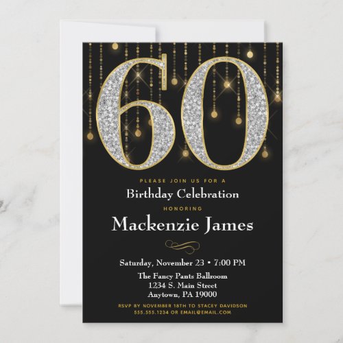 60th Birthday Invitation Black Gold Diamonds Adult