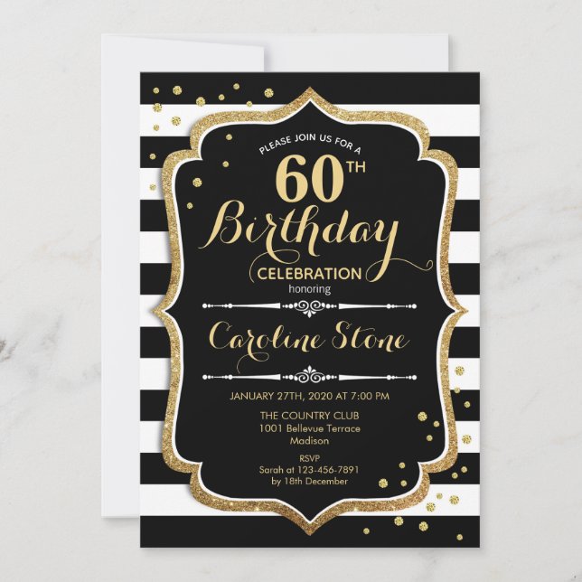 60th Birthday Invitation Black White Stripes (Front)