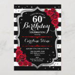 60th Birthday Invitation Black White Stripes Roses<br><div class="desc">60th Birthday Invitation
Elegant black white red design with faux glitter. Black and white stripes with red roses. Perfect for an elegant birthday party.</div>