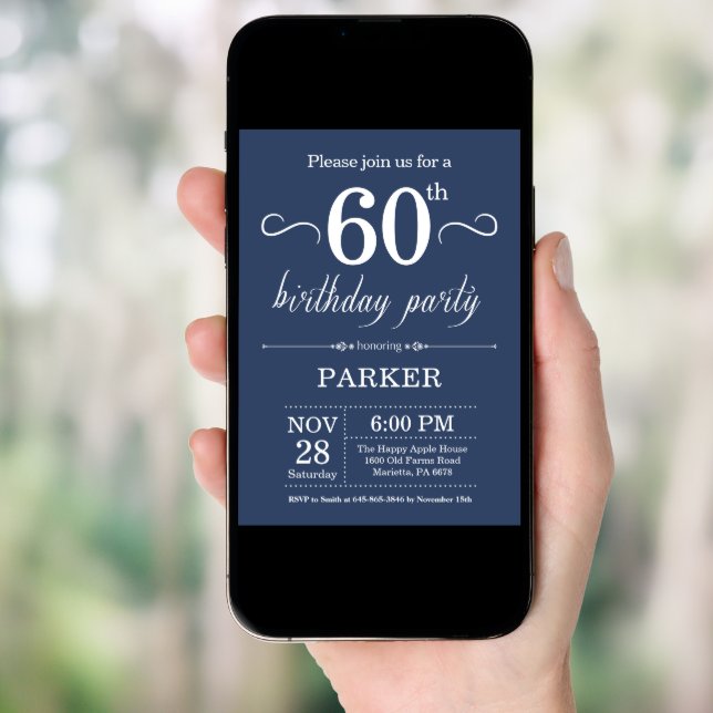 60th Birthday Invitation Blue (Front Digital)