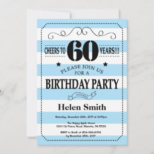 60th Birthday Invitation Blue and White Stripes
