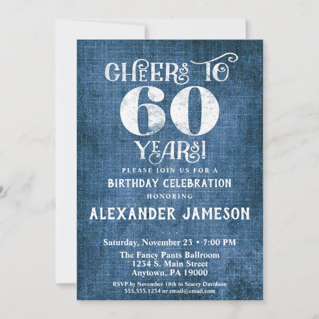 60th Birthday Invitation Blue Linen Rustic Cheers (Front)