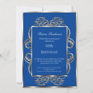 60th Birthday Invitation Blue Silver 