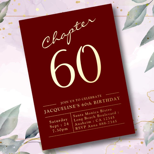 60th Birthday Invitation Burgundy Gold Foil Foil Invitation (Creator Uploaded)