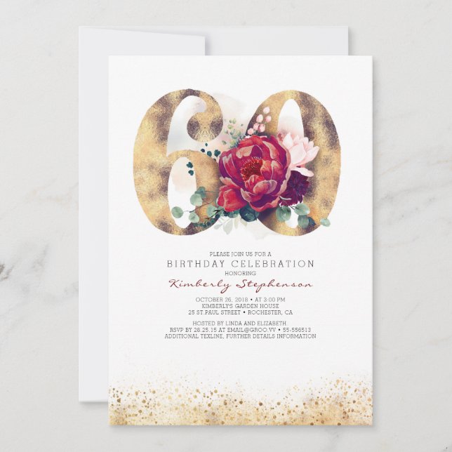 60th Birthday Invitation - Burgundy Red and Gold (Front)