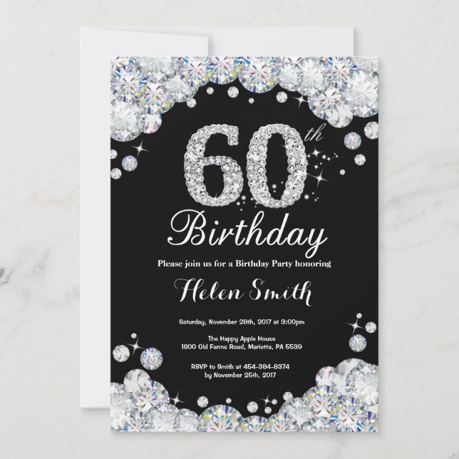 60th Birthday Invitation Chalkboard Silver Diamond (Front)