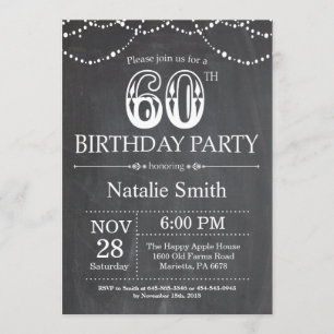 60th Birthday Invitation Chalkboard String Lights