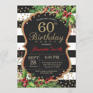 60th Birthday Invitation. Christmas Red Black Gold Invitation
