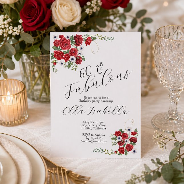 60th Birthday Invitation Elegant Floral Red  (Creator Uploaded)