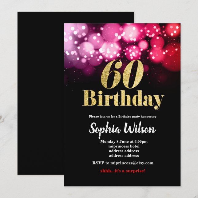 60th birthday invitation  elegant glitter pink red (Front/Back)