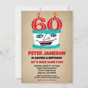 60th Birthday Invitation Funny Cake Casual Mens
