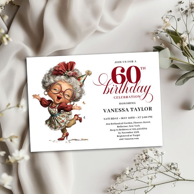 60th Birthday Invitation Funny Old Lady Humor  (60th Birthday Invitation Funny Old Lady Humor Design)