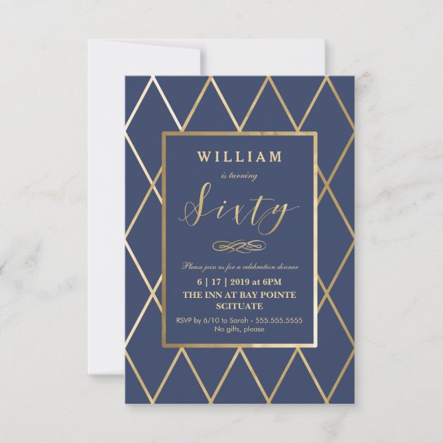 60th Birthday Invitation - Gold, Elegant, Small (Front)