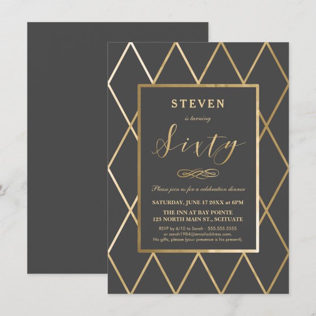 60th Birthday Invitation - Gold, Elegant, Trendy (Front/Back)