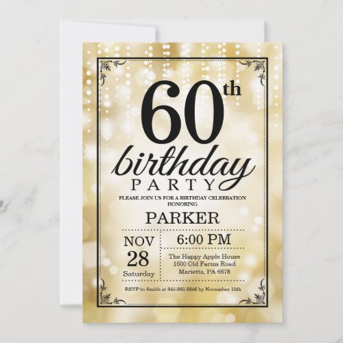 60th Birthday Invitation Gold Glitter