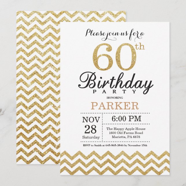 60th Birthday Invitation Gold Glitter (Front/Back)