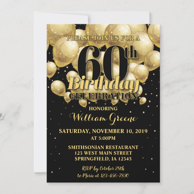 60th Birthday Invitation, Golden Birthday Invite (Front)