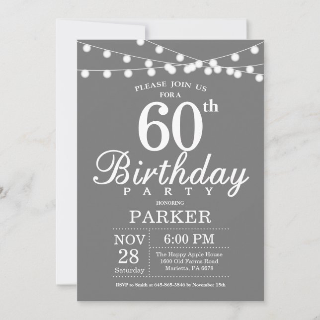 60th Birthday Invitation Gray and White (Front)