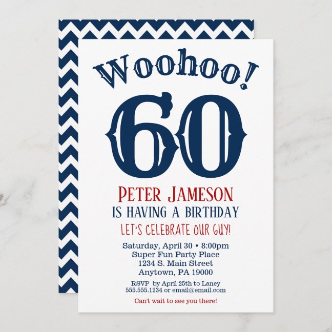 60th Men's Birthday Invitation - Blue Chevron