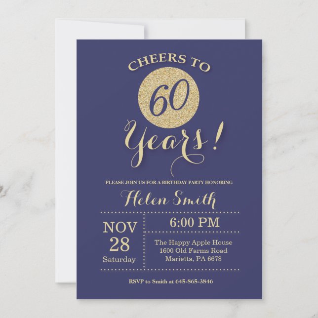 60th Birthday Invitation Navy and Gold Glitter (Front)