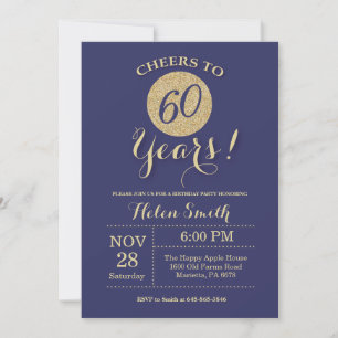60th Birthday Invitation Navy and Gold Glitter