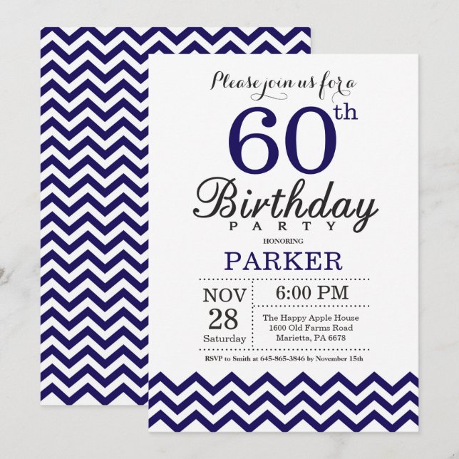 60th Birthday Invitation Navy Blue Chevron (Front/Back)
